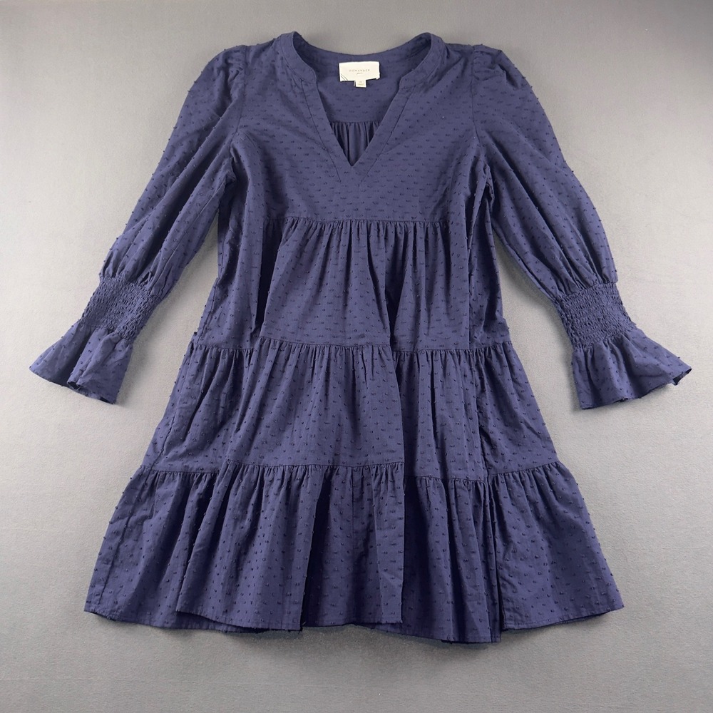 Pomander Place Navy Swiss Dot Kenzo Dress V-Neck Tiered Mini Smocked Cuff M